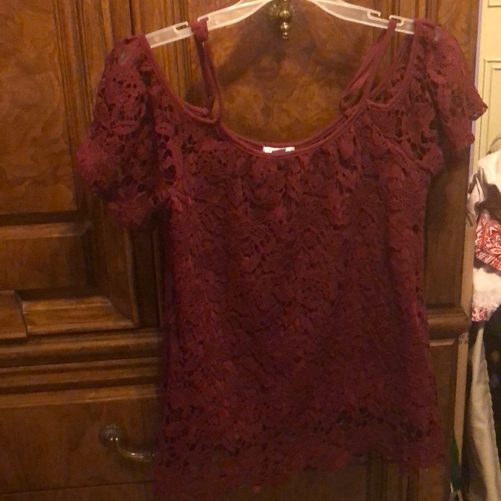 Burgundy Cold Shoulder Lace Top